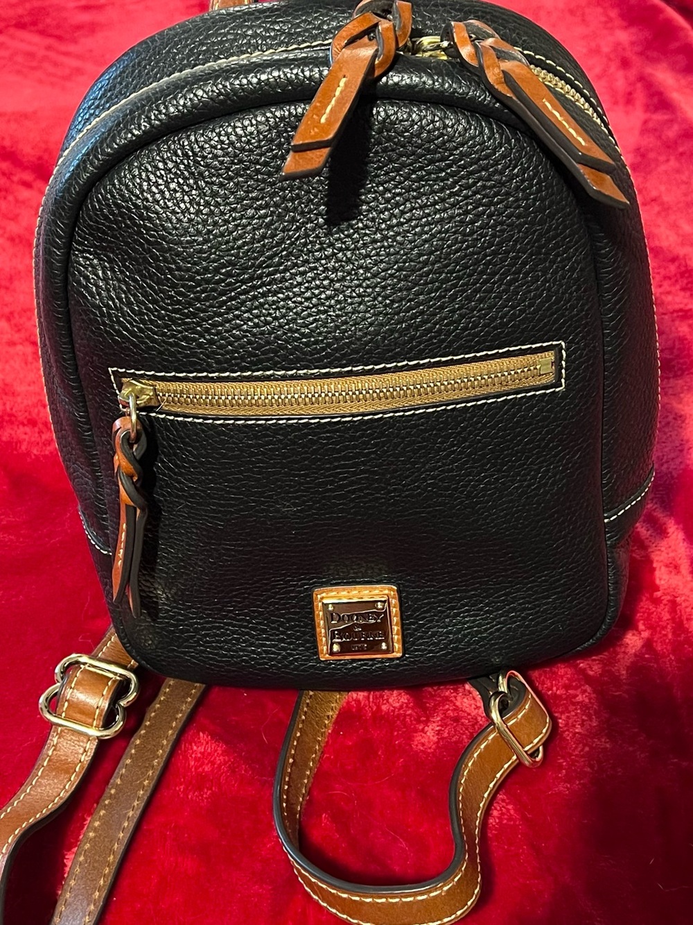 Dooney & Bourke Black Pebbled Leather Mini Backpack with Brown Trim